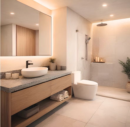 Bathroom with natural stone and wood cabinetry
