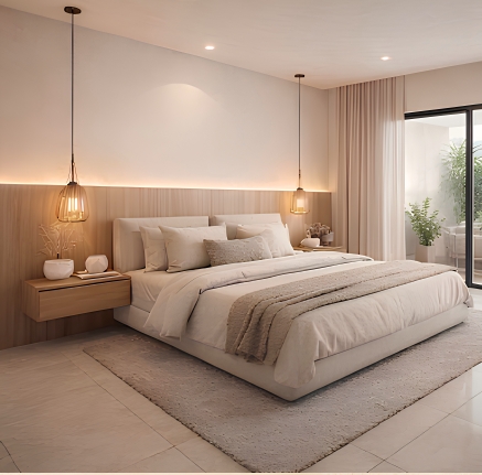 Bedroom with custom woodwork and warm lighting