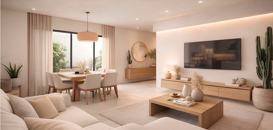 Living and dining room in warm natural tones