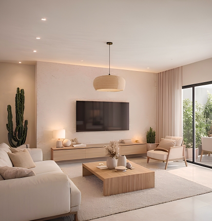 Living room with desert landscaping outside